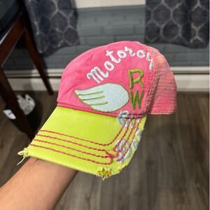 Vintage 90's True Religion Y2K Motorcycle Wing Hat Pink Lime Green Jersey Shore
